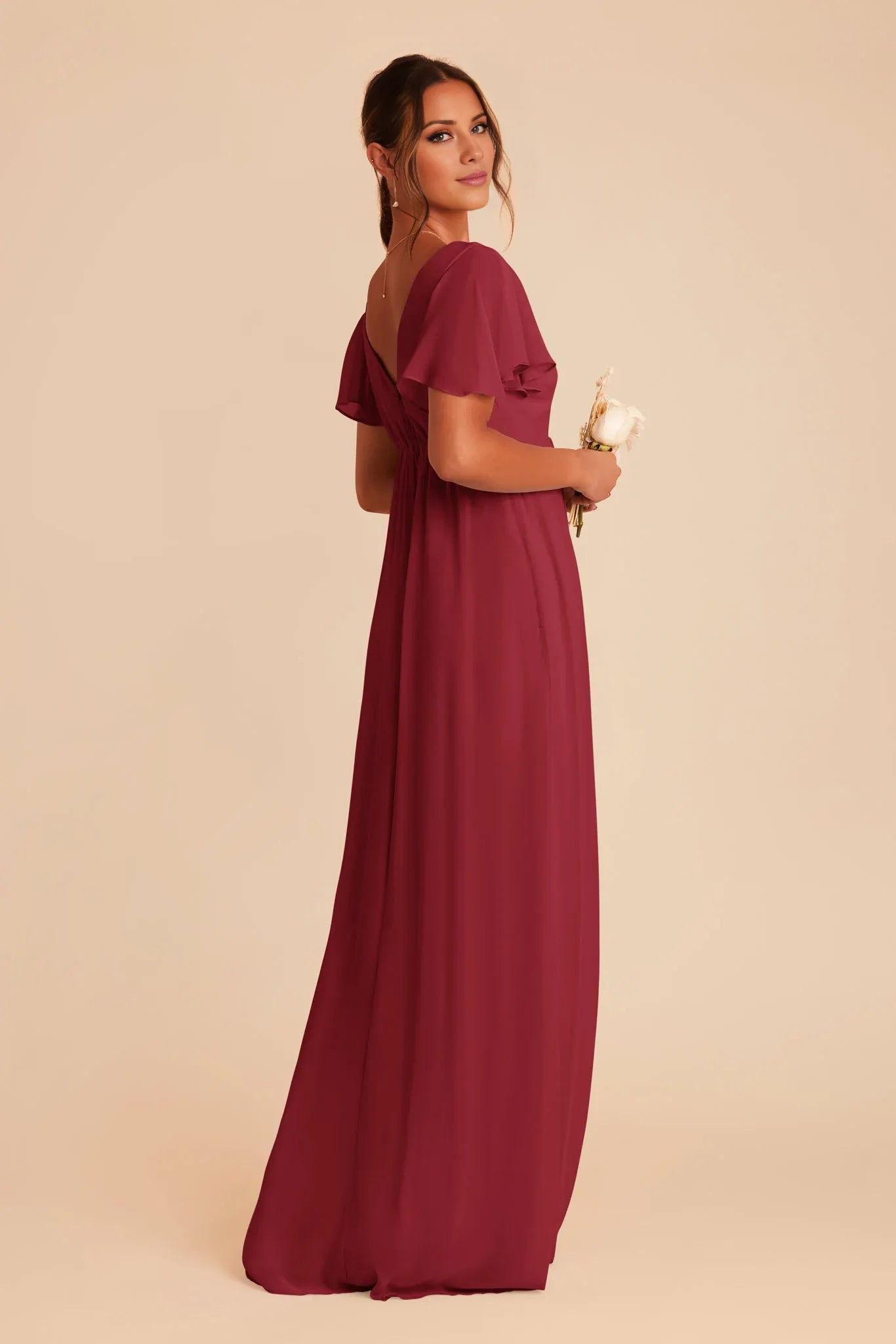 Charming Flowy Chiffon V-Neck Flutter-Sleeve Open-Back Floor-Length Bridesmaid Dresses