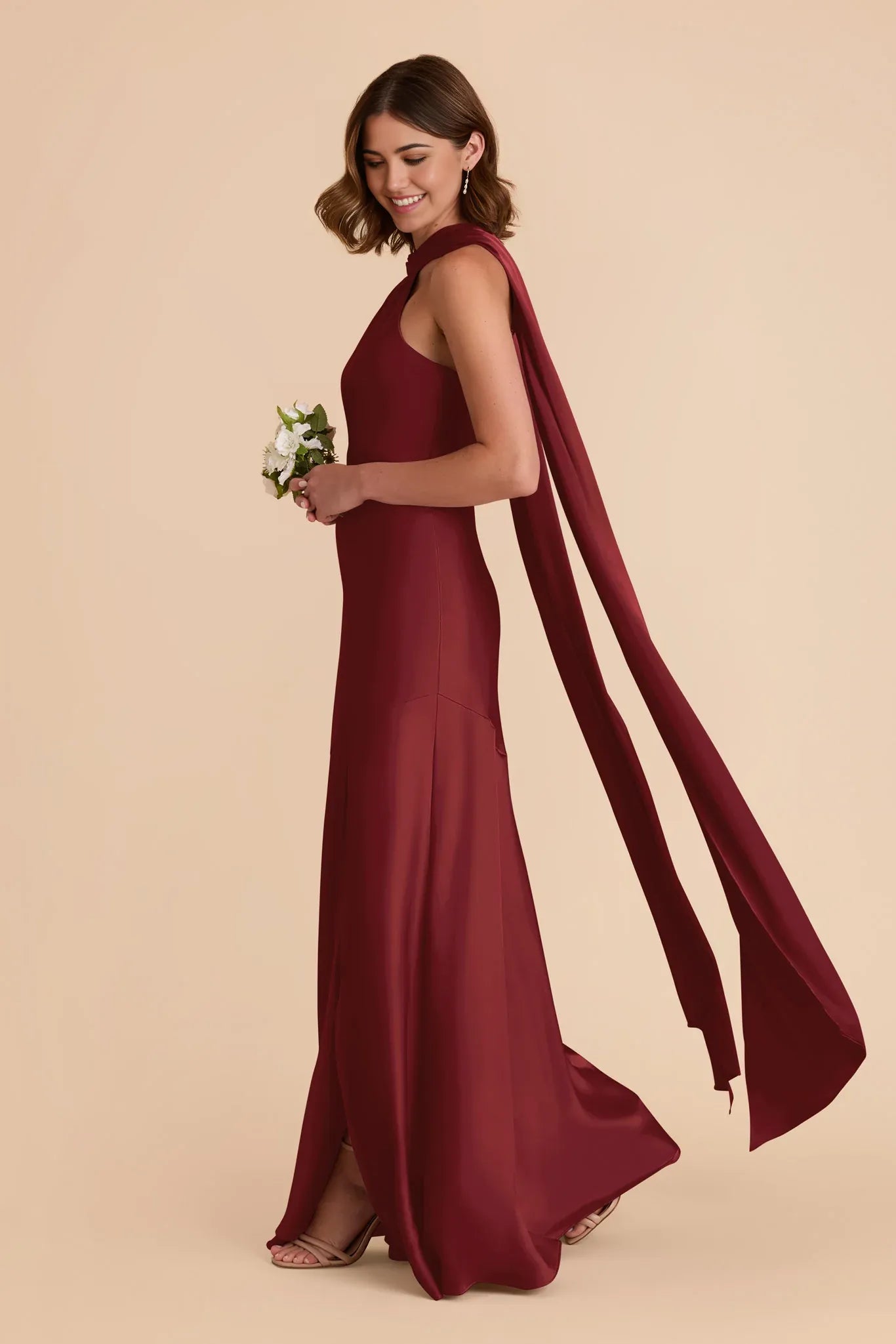 Elegant Flowy Satin Halter-Neck Sleeveless Open Back Floor Length Bridesmaid Dresses