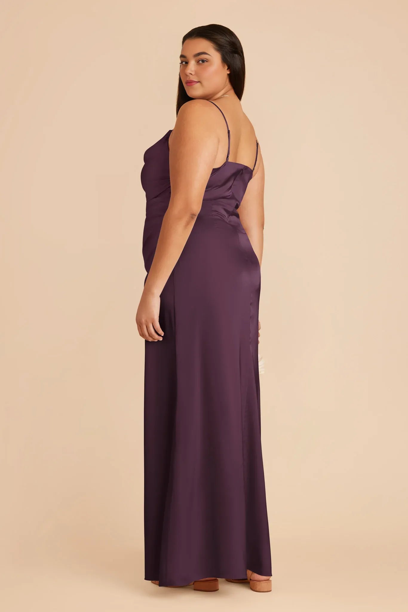 Fashion Plum Spaghetti Straps Pleated Satin Maxi Bridesmaid Dress