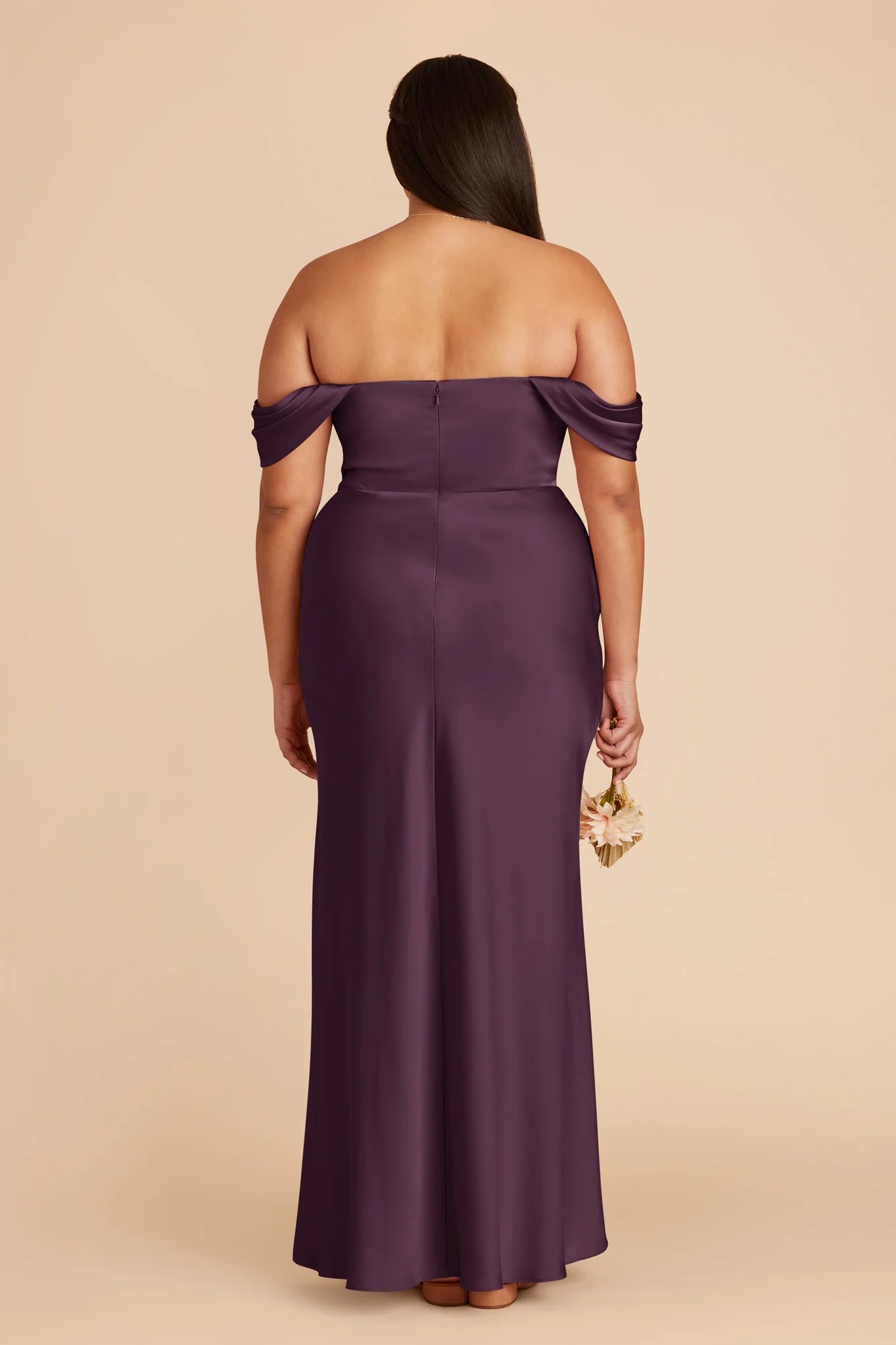 Flowy Plum Off the Shoulder Sleeveless Satin Maxi Bridesmaid Dress