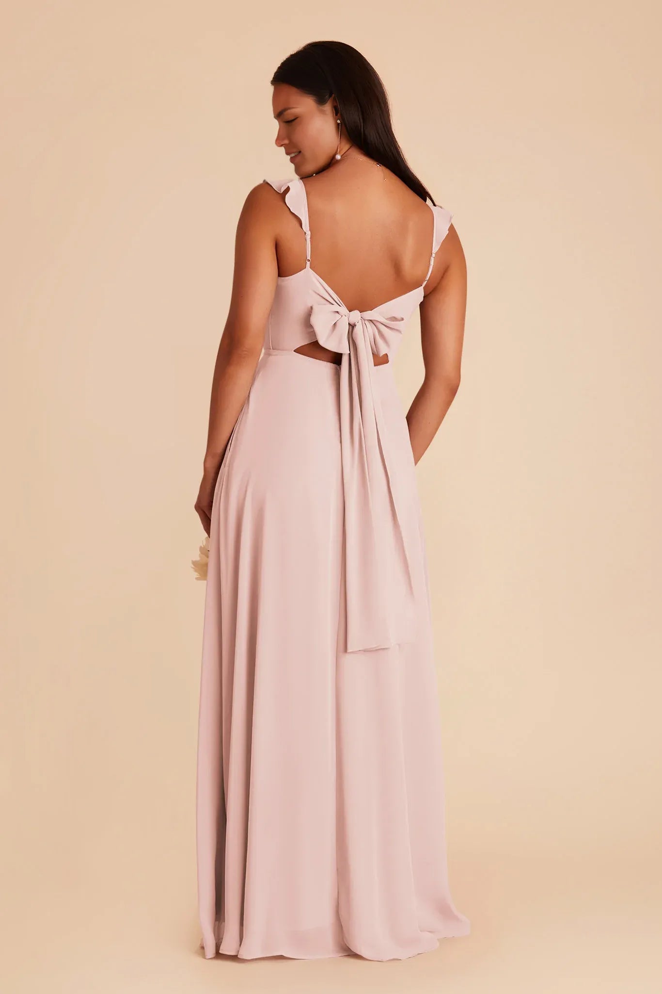 Romantic A-Line Chiffon V Neck Ruffle Strap Bow Back Floor Length Bridesmaid Dress