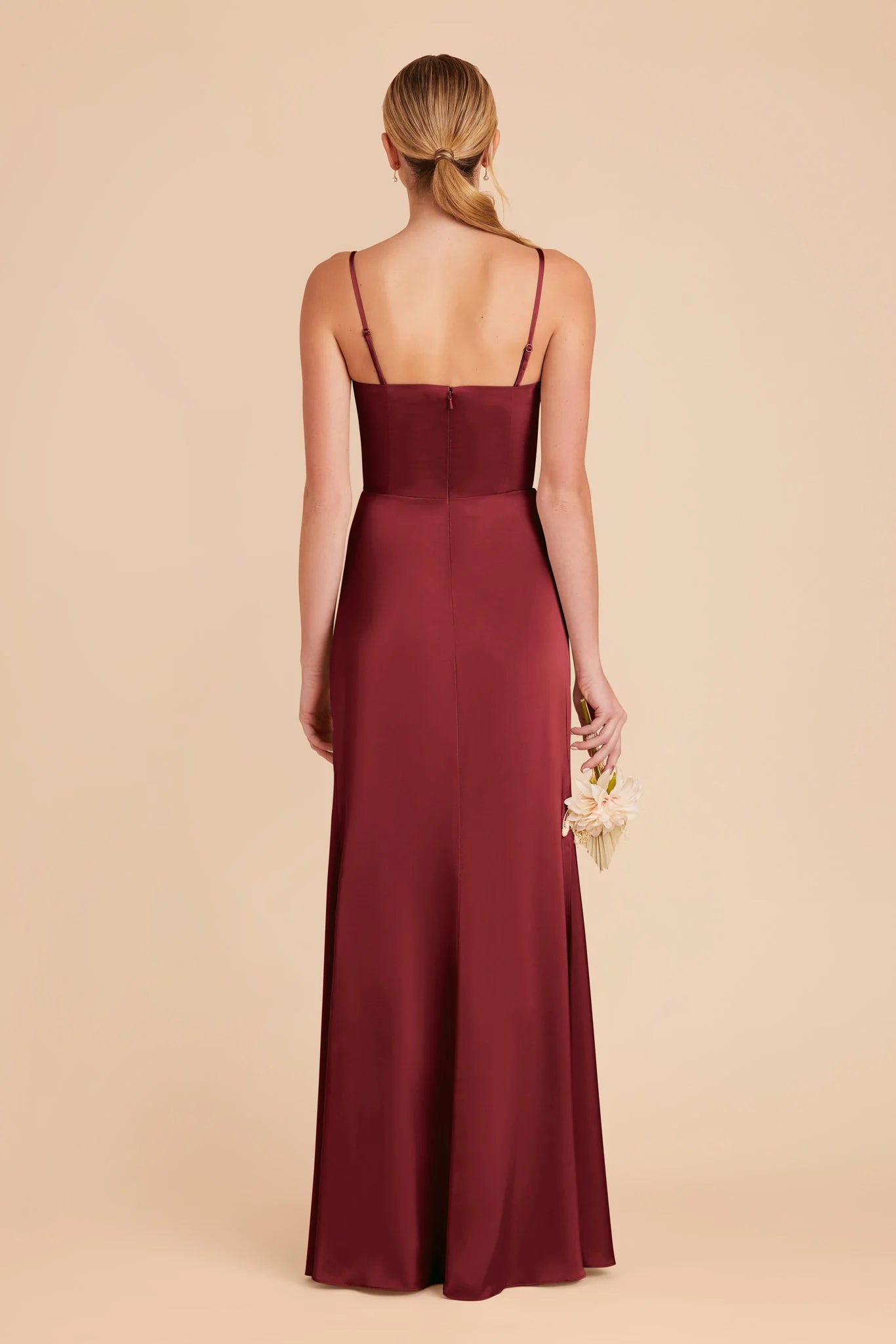 Vintage Ruched Satin Square Neck Spaghetti Strap Open Back Floor Length Bridesmaid Dresse