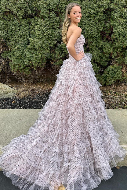 Red Strapless Ruffle Tiered Prom Gown with Keyholes