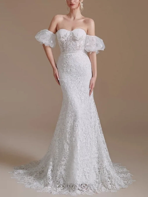 Gorgeous Lace Long Mermaid  Sweetheart Wedding Dress With Detachable Sleeves