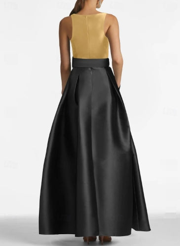 A-Line High Split Dress Floor Length Evening Gown Sleeveless Jewel Neck Belt / Sash Satin with Pleats Slit