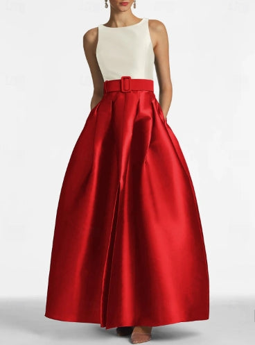 A-Line High Split Dress Floor Length Evening Gown Sleeveless Jewel Neck Belt / Sash Satin with Pleats Slit