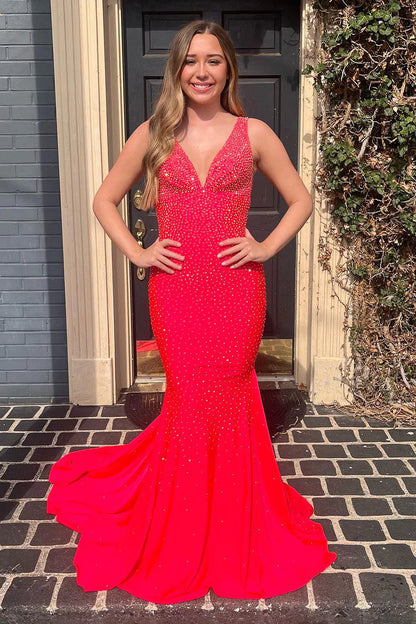 Red V Neck Mermaid Long Prom Dresses with Beaded