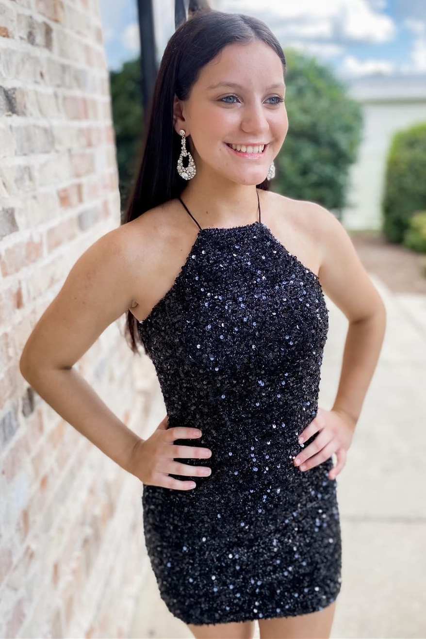 Black Sequin Halter Backless Short Homecoming Dress