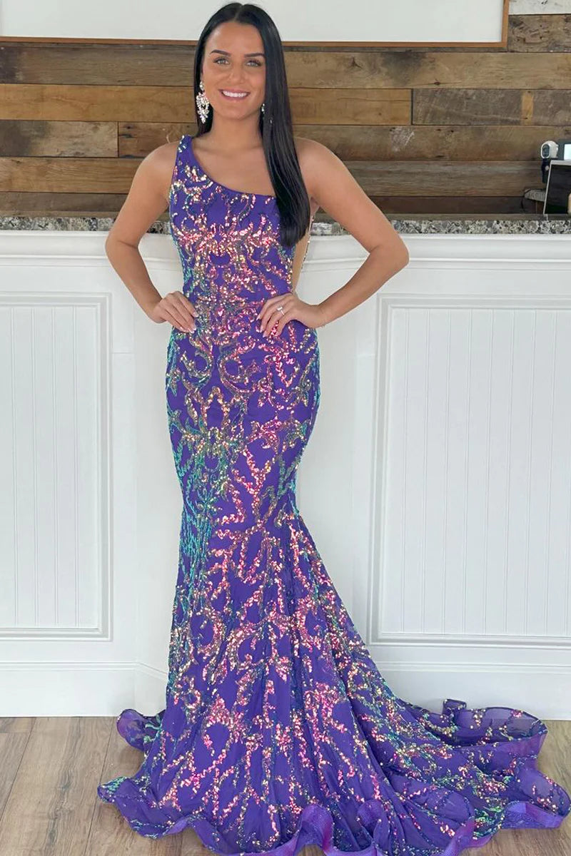 Purple One Shuolder Sequin Lace Mermaid Prom Dresses