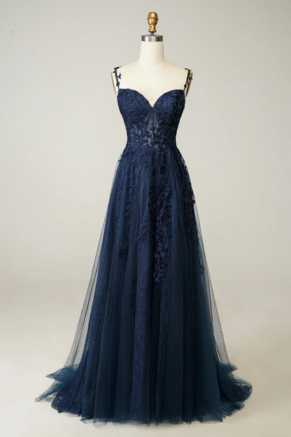 Navy A Line Spaghetti Straps Navy Prom Dress with Appliques