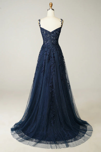 Navy A Line Spaghetti Straps Navy Prom Dress with Appliques