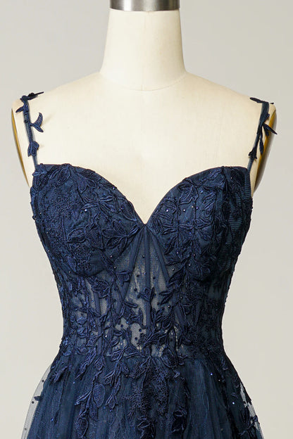 Navy A Line Spaghetti Straps Navy Prom Dress with Appliques