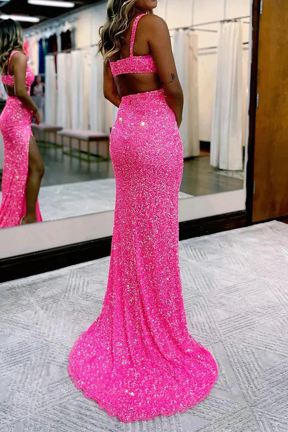 Hot Pink Sequins Hollow-Out Mermaid Prom Dress