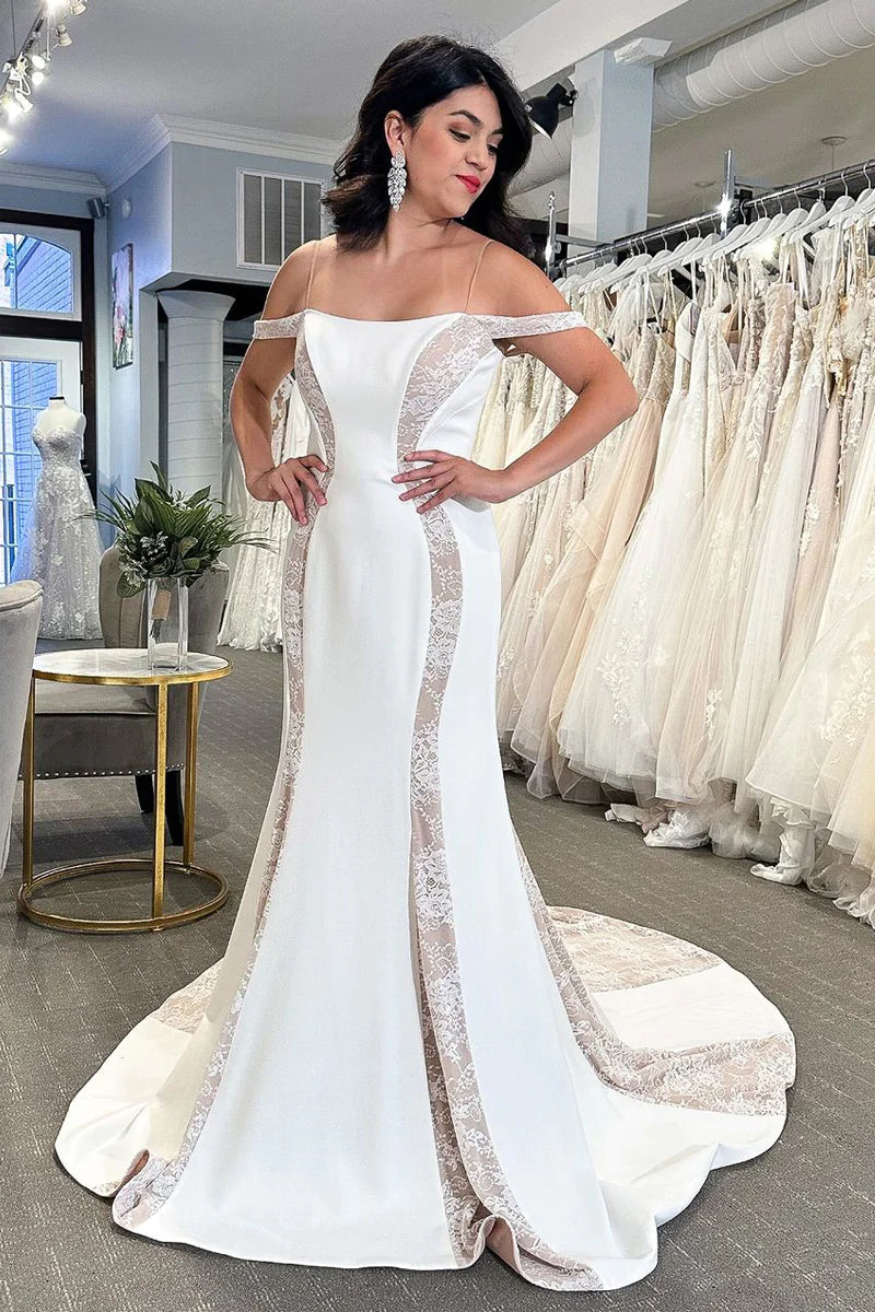 Simple Mermaid Cold Shoulder Satin Wedding Dresses with Lace