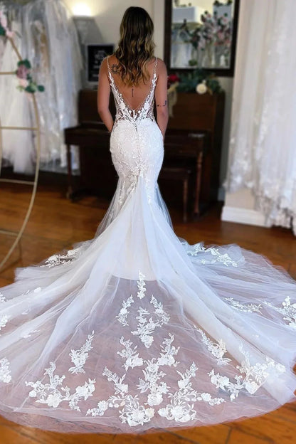 Mermaid Deep V Neck White Lace Wedding Dress with Sweep Train