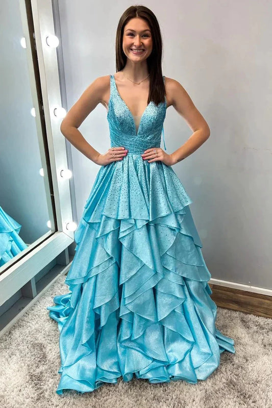 Aqua Blue Beaded Multi-Layer Ruffle Satin Long Prom Dress