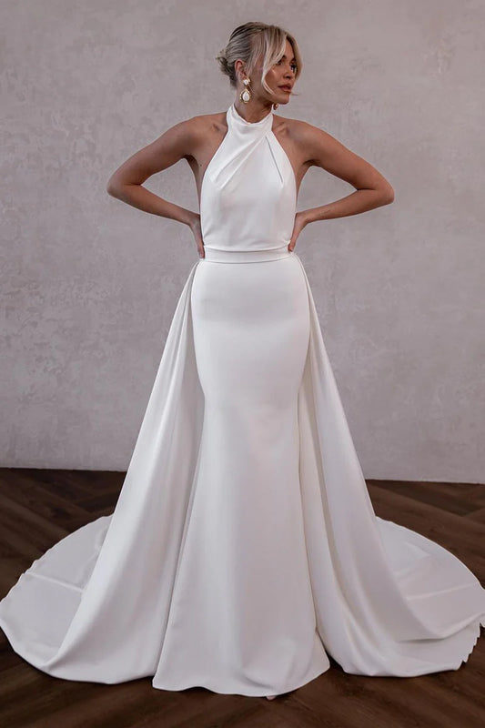 White Satin Halter Wedding Dresses with DetachableTrain