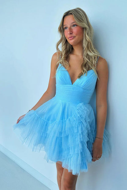 V Neck Blue Tulle Short Homecoming Dress