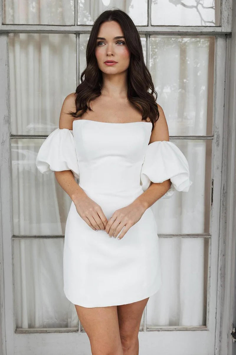 White Strapless Satin Short Wedding Dress with Sleeves