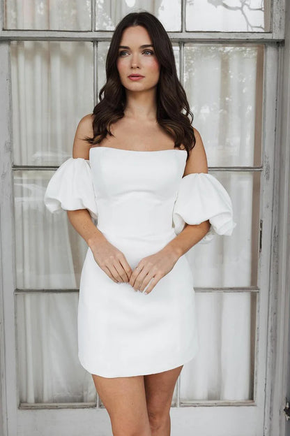 White Strapless Satin Short Wedding Dress with Sleeves