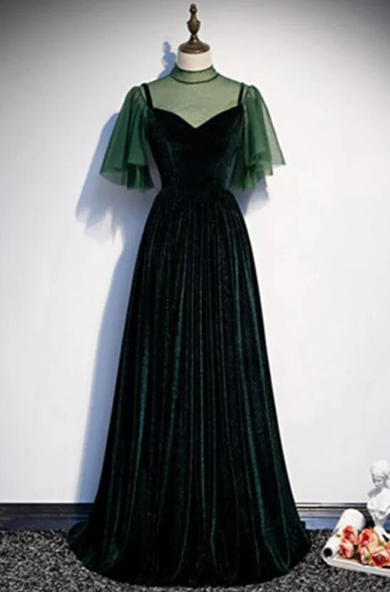 Fashionable Dark Green Velvet Long Party Gown, Green Bridesmaid Dress