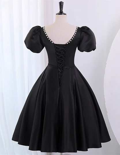 Black Satin Short Sleeves Knee Length Party Dress, Black Homecoming Dress