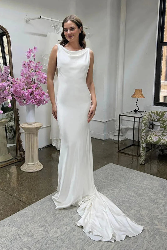 Charming Mermaid Cowl Neck Silk Satin Long Wedding Dresses