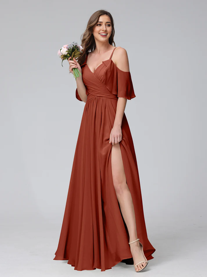QIAIWAN Dress Chiffon V-neck A-line Split Bridesmaid Dress