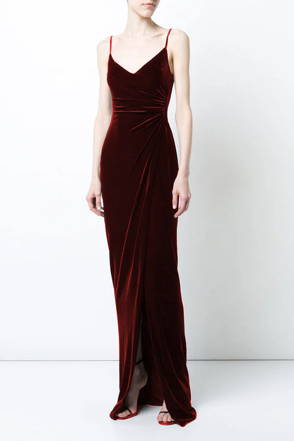 Burgundy Velvet V-Neck Slip Dress Evening Prom Dress