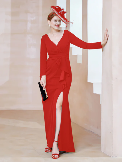 V-neck pleated bridal mother dress - QIAIWAN Dress