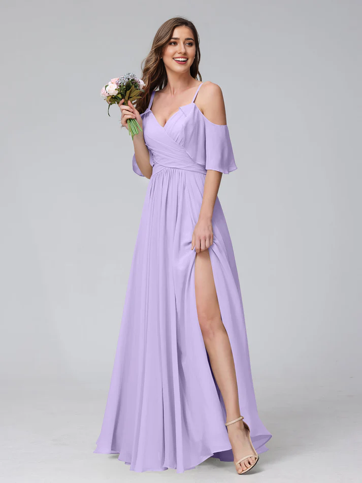 QIAIWAN Dress Chiffon V-neck A-line Split Bridesmaid Dress