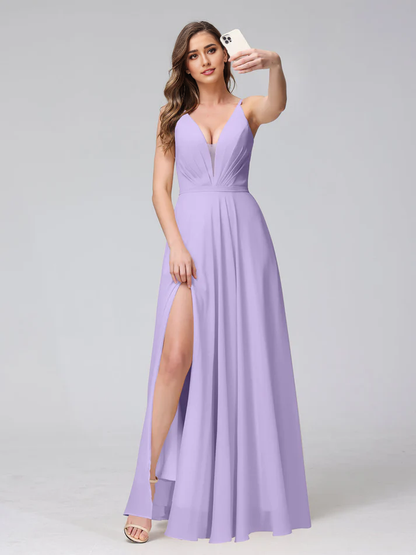 QIAIWAN Dress's charming V-neck sleeveless chiffon bridesmaid dress