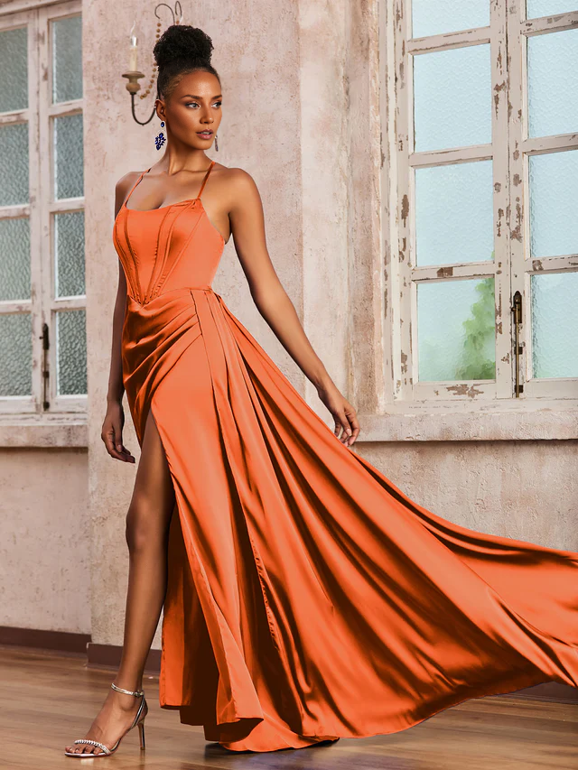 Spaghetti strap long skirt and ribbon Prom Dresses QIAIWAN Dress