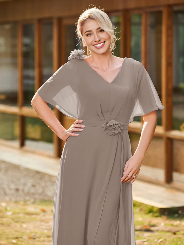 V-neck short sleeved chiffon bridal mother's dress with appliqu é - QIAIWAN Dress