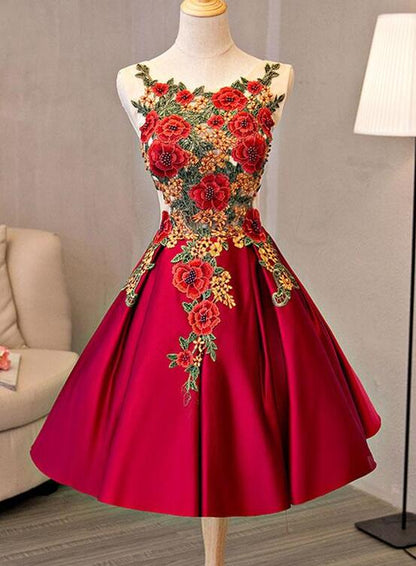 Cute Red Satin with Embroidery Knee Length Homecoming Dress, Short Party Dress