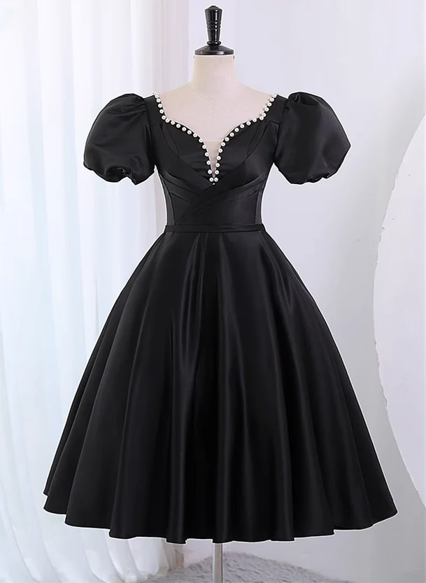 Black Satin Short Sleeves Knee Length Party Dress, Black Homecoming Dress