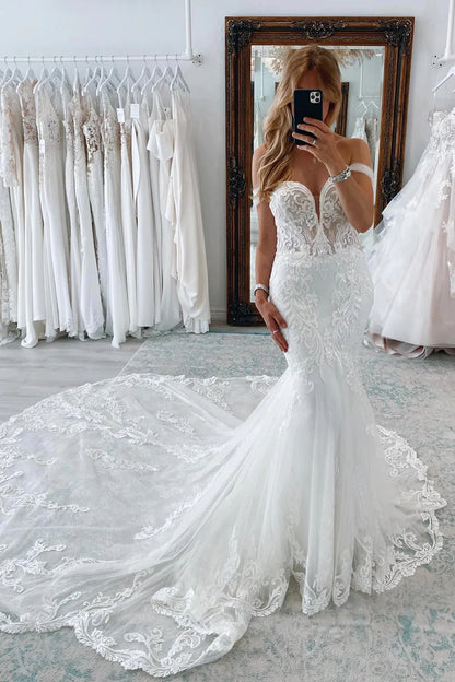 White Mermaid Sweetheart Tulle Wedding Dresses with Lace