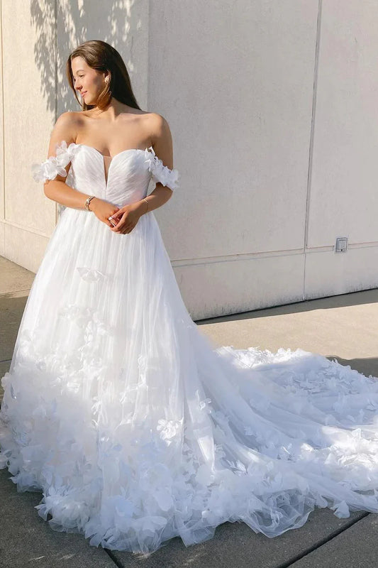 Fairy Ball Gown Sweetheart Tulle Long Wedding Dresses with 3D Flowers