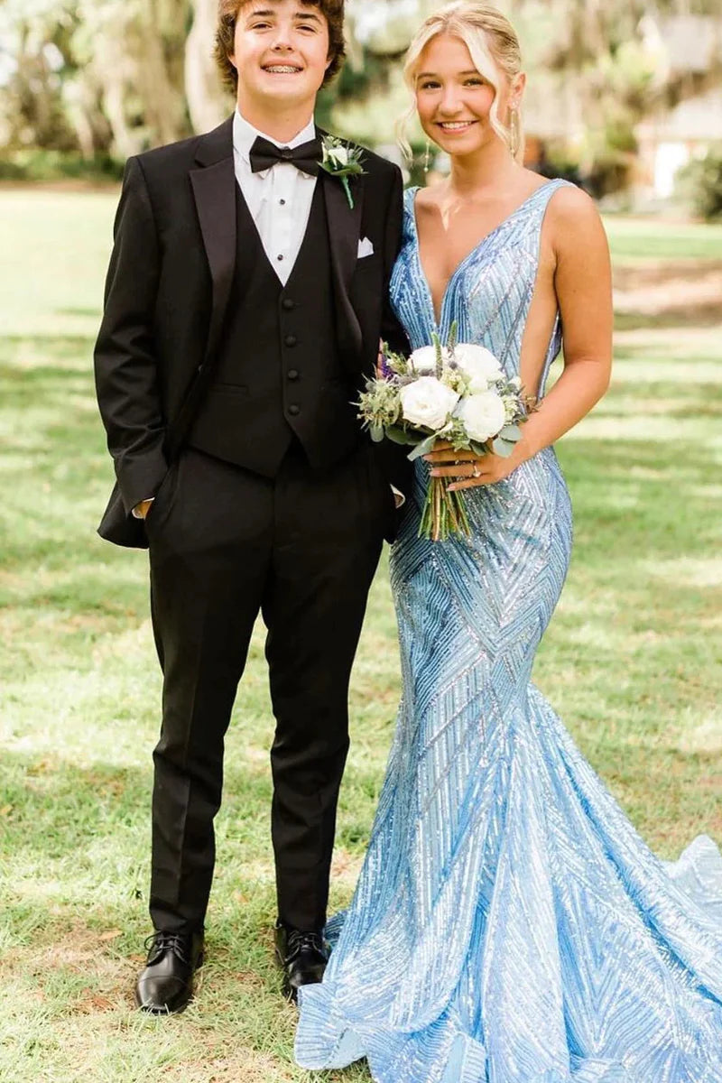 Charming Mermaid V Neck Light Blue Sequins Long Prom Dresses