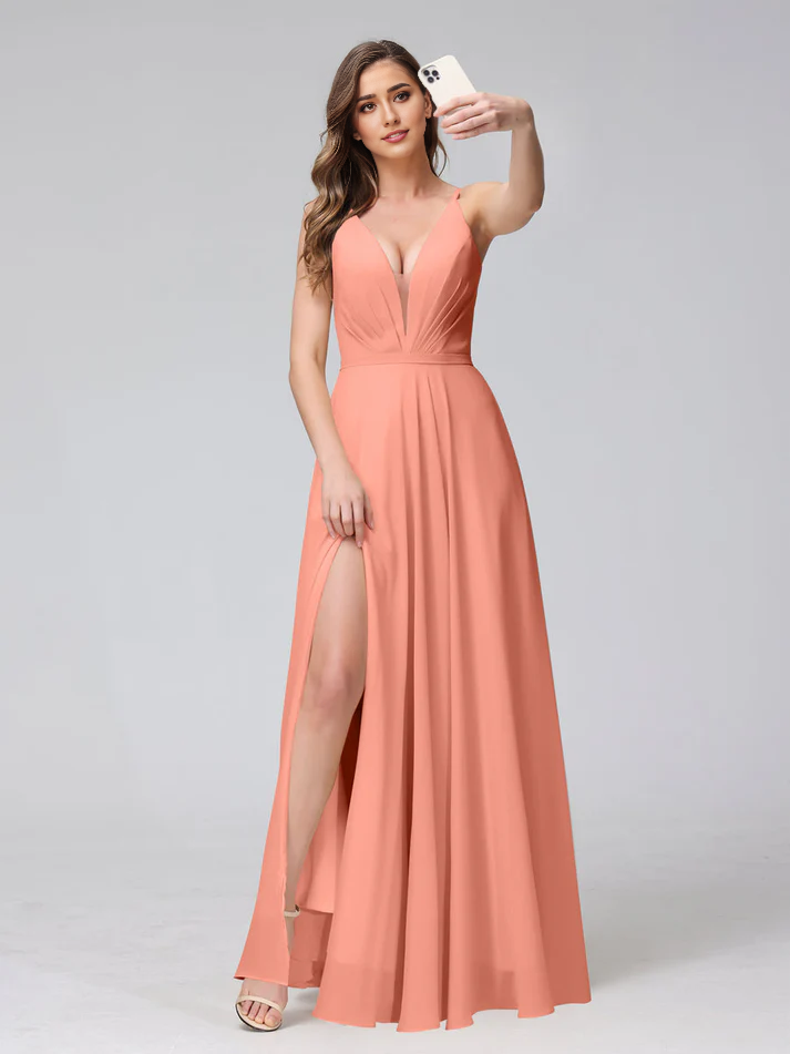 QIAIWAN Dress's charming V-neck sleeveless chiffon bridesmaid dress