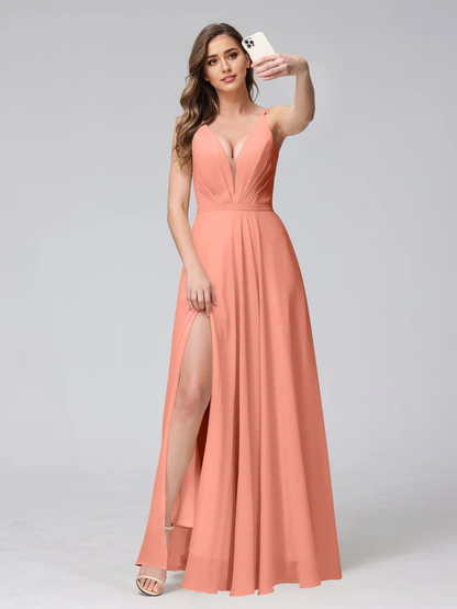 QIAIWAN Dress's charming V-neck sleeveless chiffon bridesmaid dress