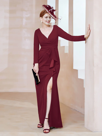 V-neck pleated bridal mother dress - QIAIWAN Dress