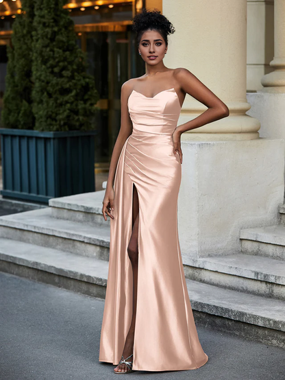 Satin Sleeveless Split Evening Dress - QIAIWAN Dress