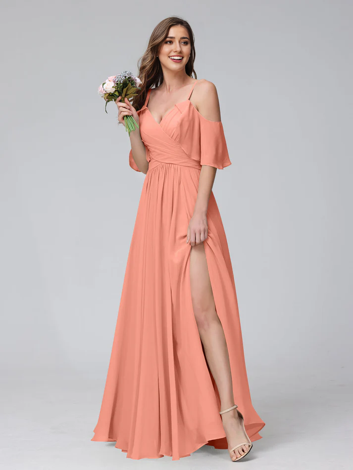 QIAIWAN Dress Chiffon V-neck A-line Split Bridesmaid Dress