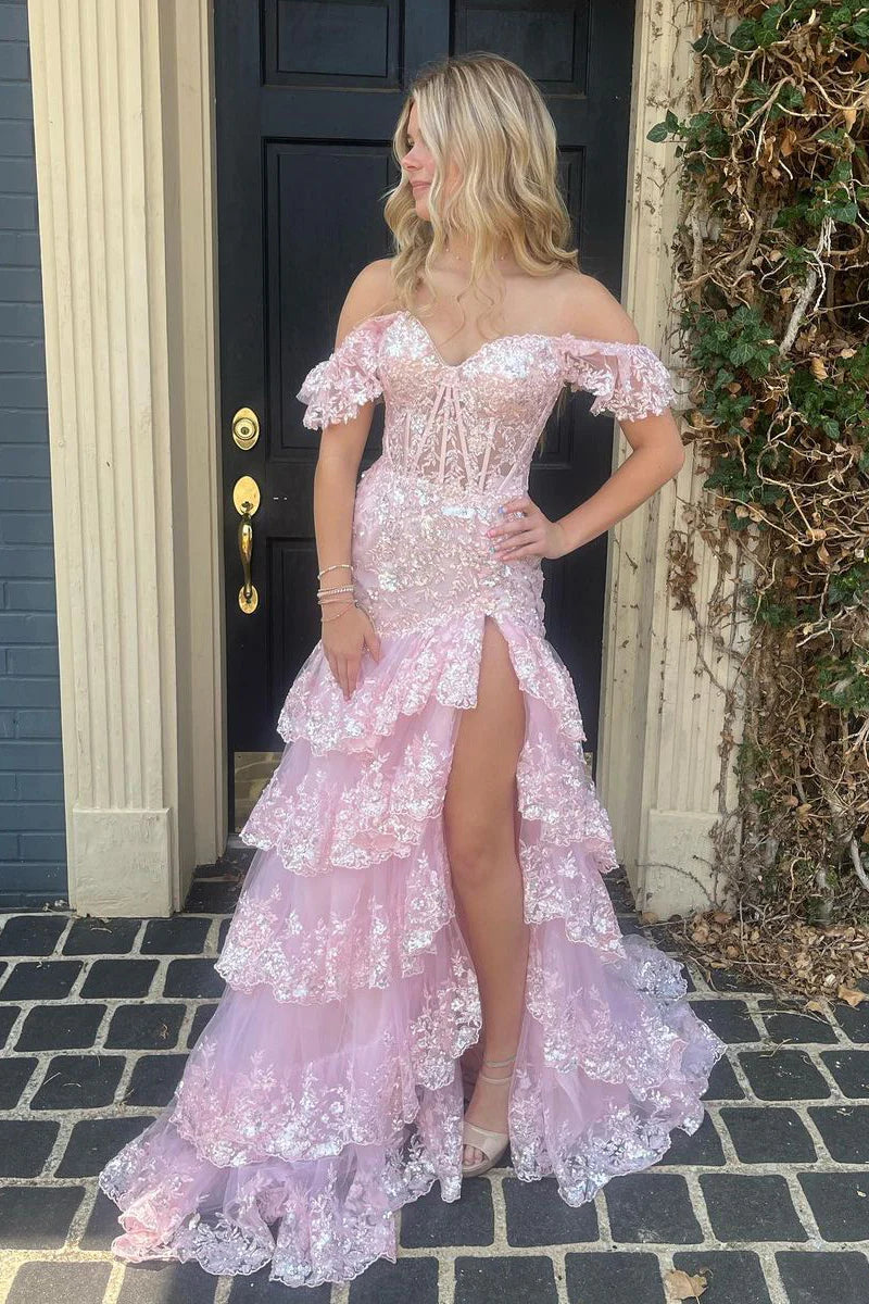 Pink Off the Shoulder Tiered Sequin Tulle Mermaid Long Prom Dresses