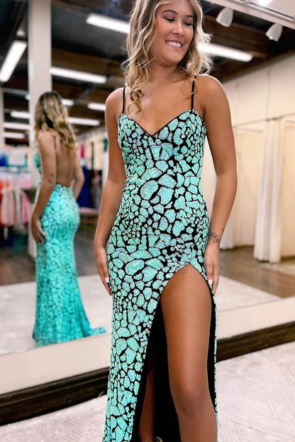 Blue Spaghetti Straps Sequin Mermaid Prom Dresses