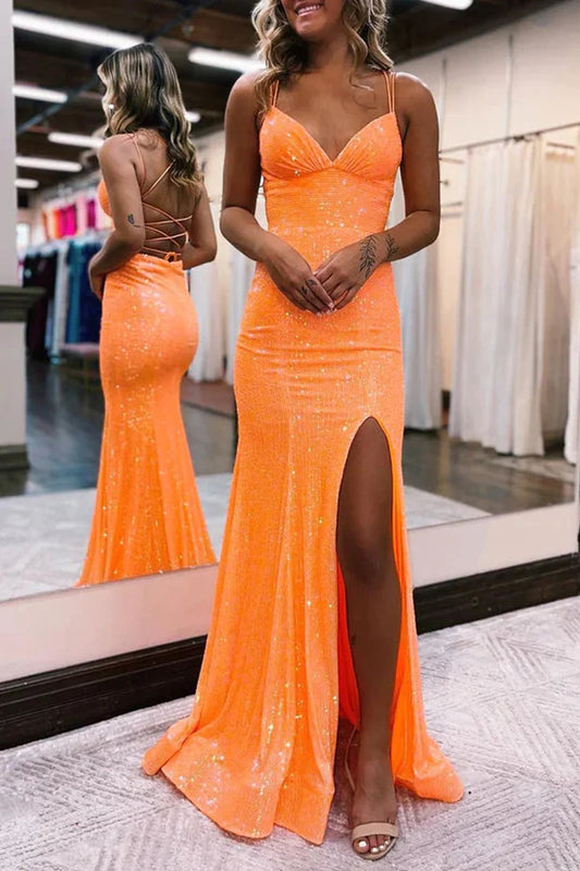 Cute Mermaid V Neck Orange Sequins Long Prom Dresses with Slit