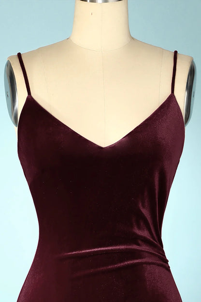 Burgundy Velvet V-Neck Slip Dress Evening Prom Dress