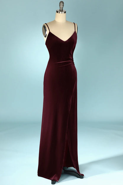 Burgundy Velvet V-Neck Slip Dress Evening Prom Dress