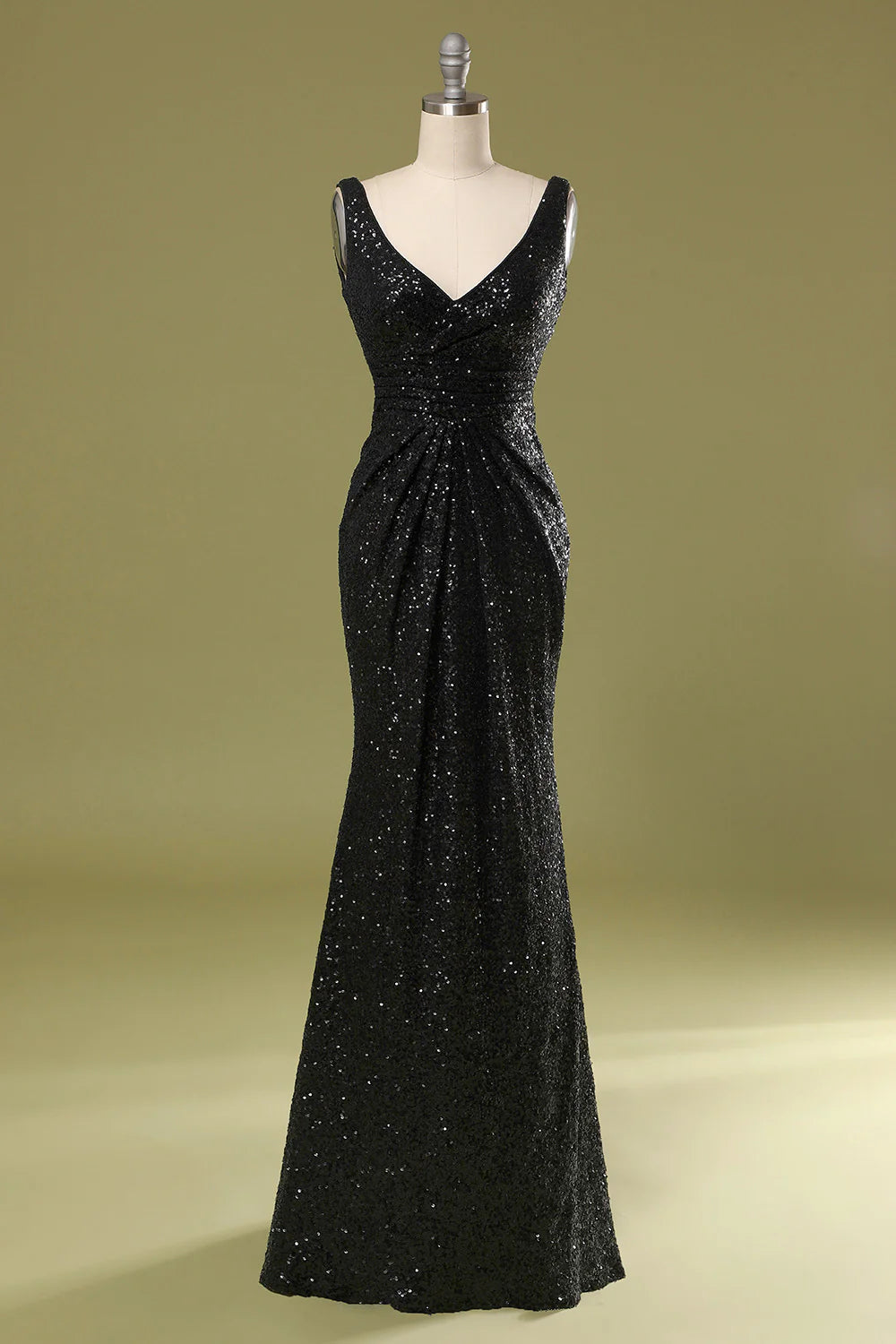 Long Black V-Neck Sequins Dress Sweep/Brush Train Dress Evening Dress